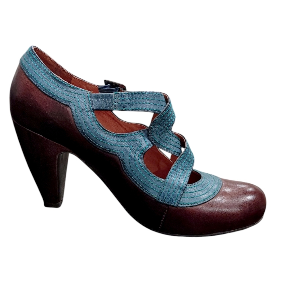 Miz Mooz Soho Brown Teal Leather Mary Jane Retro Pin Up Heels Women's Size 7.5 - Picture 2 of 10